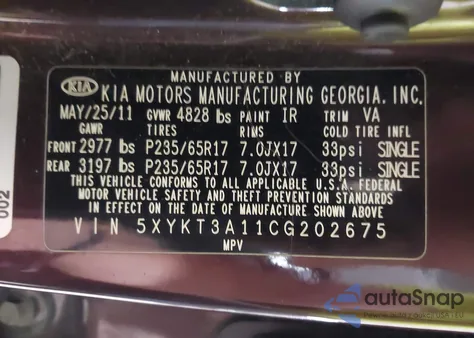 2012 Kia Sorento Lx z USA, uszkodzony, nr VIN 5XYKT3A11CG202675